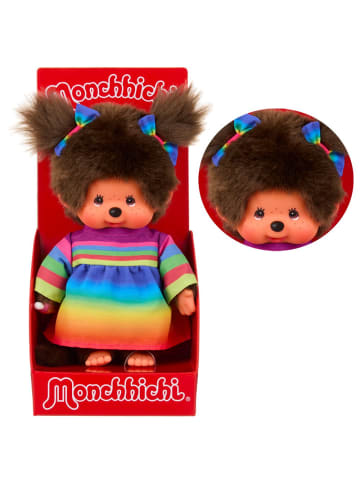 Monchhichi Mädchen im Regenbogen-Kleid | 20 cm Monchhichi Puppe | zwei Zöpfchen