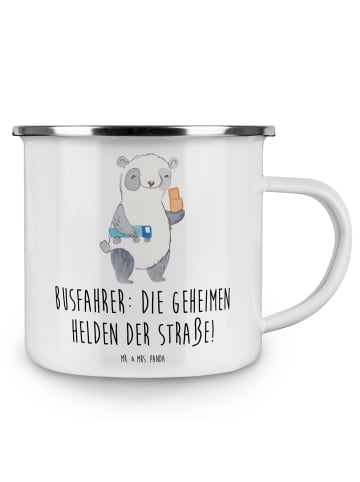 Mr. & Mrs. Panda Camping Emaille Tasse Busfahrer Helden mit Spruch in Weiß