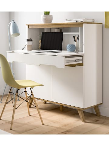 Inn.Furn Sekretär weiß, Eiche 100 cm skandinavisch, Schreibtisch mit Soft-Close