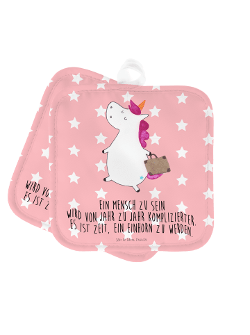 Mr. & Mrs. Panda 2er Set Topflappen  Einhorn Koffer mit Spruch in Rot Pastell