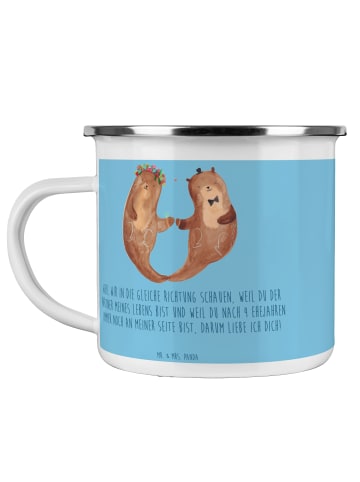 Mr. & Mrs. Panda Camping Emaille Tasse 4. Hochzeitstag Seidenhoc... in Sky Blue