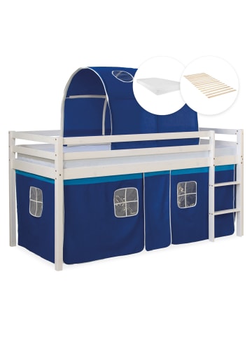 Homestyle4u Hochbett 90x200 mit Vorhang, Lattenrost, Matratze, Tunnel in Weiß