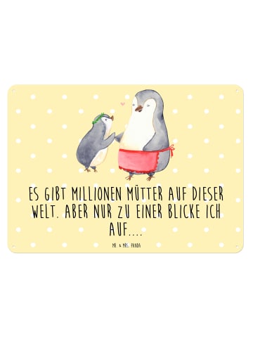 Mr. & Mrs. Panda Retro Blechschild Pinguin mit Kind mit Spruch in Gelb Pastell