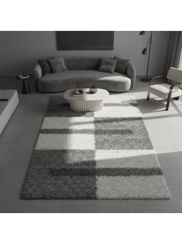 KADIMA DESIGN Teppich Hochflor Shaggy Waschbar Karo WERFEN Strapazierfähig in Hellgrau