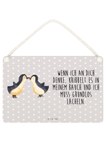 Mr. & Mrs. Panda Holzschild Pinguine Kuss mit Spruch in Grau Pastell