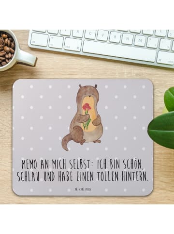 Mr. & Mrs. Panda Mauspad Otter Blumenstrauß mit Spruch in Grau Pastell