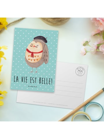 Mr. & Mrs. Panda Ansichtskarte Eule Frankreich mit Spruch in Türkis Pastell