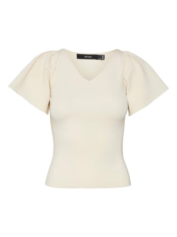 Vero Moda Geripptes Rüschen T-Shirt Kurzarm Strick Shirt VMGINNY in Beige