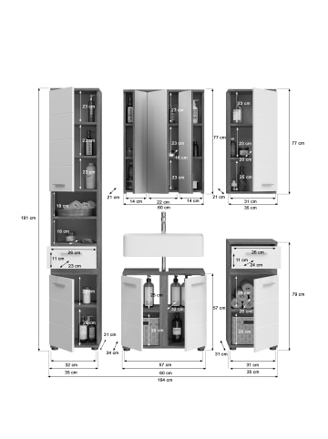 xonox.home Badkombi inkl. Bel. in Rauchsilber/weiß hochglanz - (B) 164 x (H) 191 x (T) 34