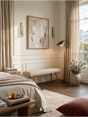 KADIMA DESIGN Sitzbank Stoff / Massivholz Bank 117x51x38 cm im Retro Stil, in Beige