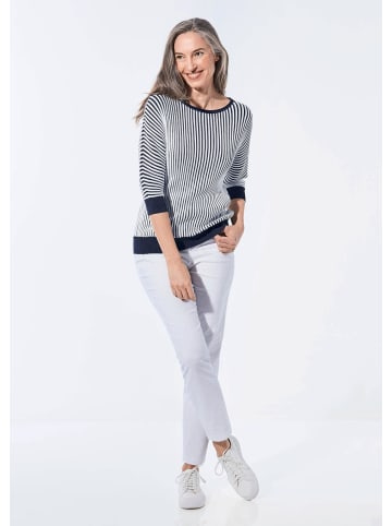 GOLDNER Kurzgröße:  Pullover Baumwollmix mit Fledermausärmeln in marine / weiß / gestreift