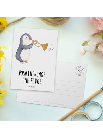 Mr. & Mrs. Panda Postkarte Engel Posaune mit Spruch in Weiß