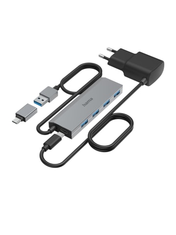 Hama USB-Hub 4 Ports, inkl. USB-C-Adapter u. Netzteil