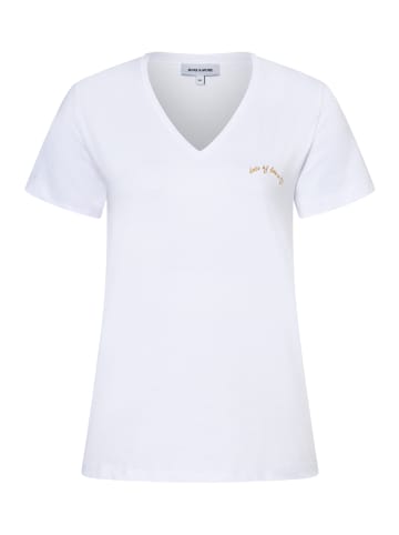 More & More stretchiges V-Neck- Shirt, Schriftstickerei in white