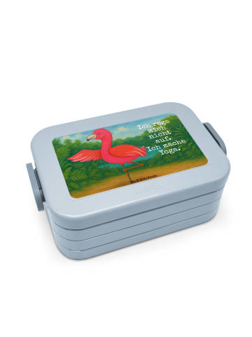 Mr. & Mrs. Panda Brotdose Flamingo Yoga Design mit Spruch in Blau Pastell