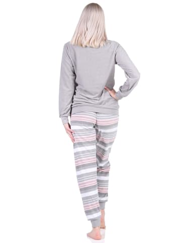 NORMANN Frottee langarm Pyjama Bündchen und und gestreifter Hose - 69444 in grau