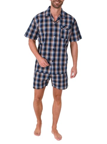 NORMANN Schlafanzug Shorty Pyjama kurzarm gewebt zum Knöpfen - 79997 in blau