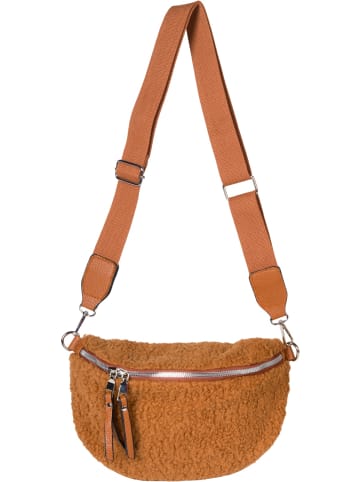 styleBREAKER Halbmond Teddyfell Umhängetasche in Cognac