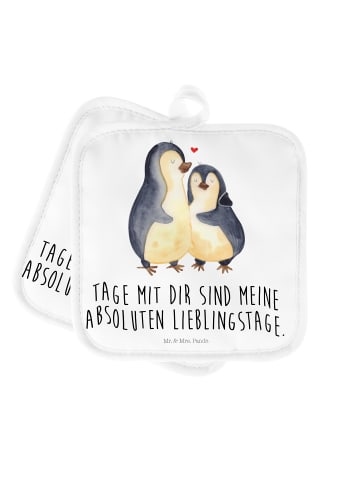 Mr. & Mrs. Panda 2er Set Topflappen  Pinguin umarmen mit Spruch in Weiß