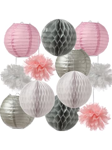 MARELIDA 48-teiliges Papierdekoration Partyset (Lampions, Pompoms) in grau, weiß, rosa