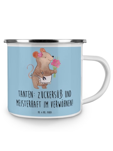 Mr. & Mrs. Panda Camping Emaille Tasse Tante Zuckersüß mit Spruch in Blau Pastell