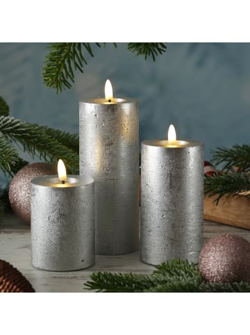 MARELIDA 3er Set LED Kerzen LINA Rustik-Optik Echwachs in silber