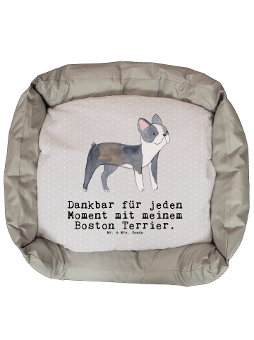 Mr. & Mrs. Panda Hundebett Boston Terrier Moment mit Spruch in Grau Pastell