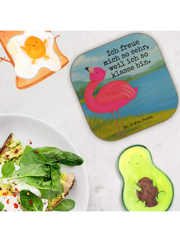 Mr. & Mrs. Panda Holzuntersetzer Flamingo Stolz Design mit Spruch in Weiß