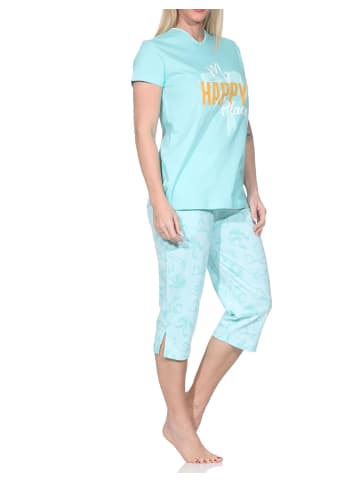 NORMANN Schlafanzug kurzarm Caprihose Pyjama Schleifen Motiv in türkis