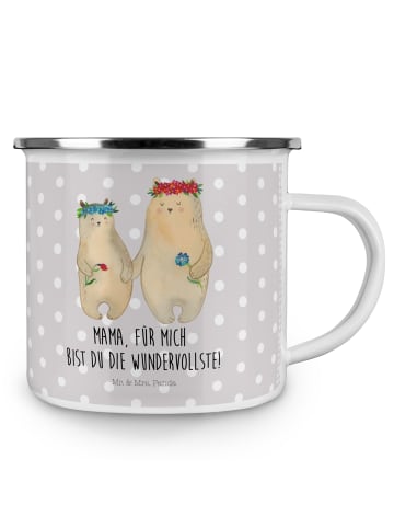 Mr. & Mrs. Panda Camping Emaille Tasse Bären mit Blumenkranz mit... in Grau Pastell