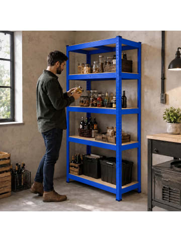 relaxdays Schwerlastregal in Blau/ Braun - (B)120 x (H)200 x (T)50 cm