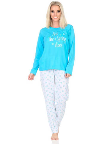 NORMANN Schlafanzug langarm Pyjama Pyjamahose Herz print in hellblau