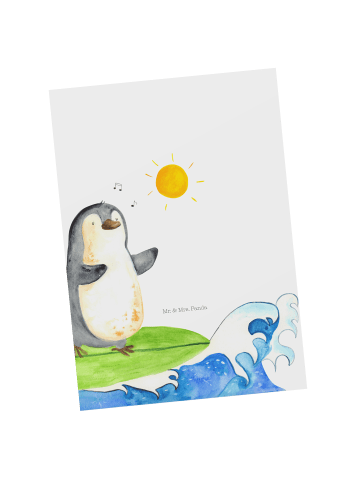 Mr. & Mrs. Panda Ansichtskarte Pinguin Surfer ohne Spruch in Weiß