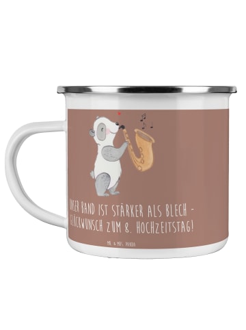 Mr. & Mrs. Panda Tasse 8. Hochzeitstag Blechhochzeit mit Spruch in Braun Pastell