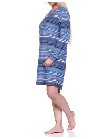 NORMANN Frottee Nachthemd langarm Bündchen Streifendesign - 76336 in blau-melange