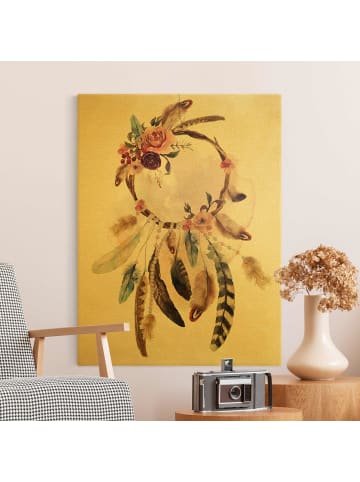 WALLART Leinwandbild Gold - Traumfänger mit Rosen und Federn in Creme-Beige