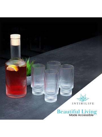 Intirilife Glaskaraffe 1.7 Liter Kristall Krug Karaffe in Transparent - Gold mit 4 Gläsern