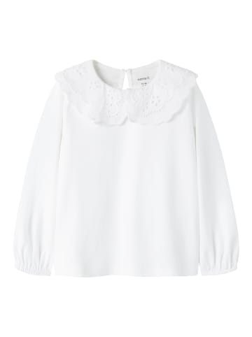 Langarmshirt Bubikragen Lochstickerei Nmfrayl in bright white
