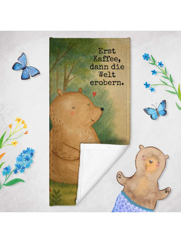 Mr. & Mrs. Panda Sporthandtuch Bär Kaffee Design mit Spruch in Blau Pastell