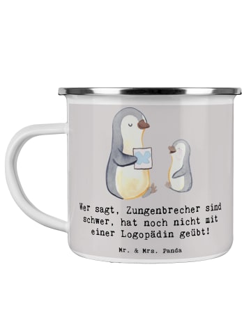 Mr. & Mrs. Panda Kaffeebecher Training mit Logopädin mit Spruch in Grau Pastell