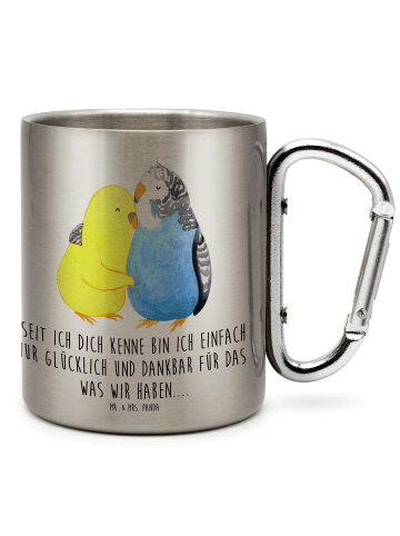 Mr. & Mrs. Panda Thermotasse Wellensittich Liebe mit Spruch in Silber