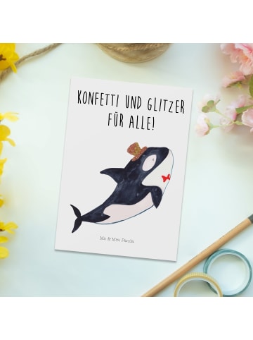 Mr. & Mrs. Panda Postkarte Orca Zylinder mit Spruch in Weiß