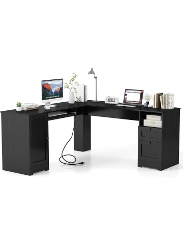 COSTWAY Schreibtisch L-Form mit Steckdosen in Schwarz