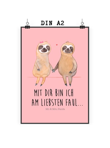Mr. & Mrs. Panda Poster Faultier Pärchen mit Spruch in Rot Pastell