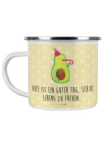 Mr. & Mrs. Panda Camping Emaille Tasse Avocado Feier mit Spruch in Gelb Pastell