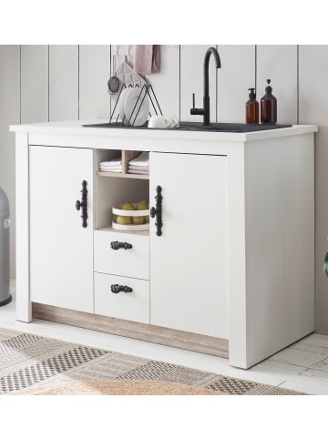 Furn.Design Küchenschrank weiß Pinie Landhaus, Unterschrank für Spüle oder Kochfeld 129 cm