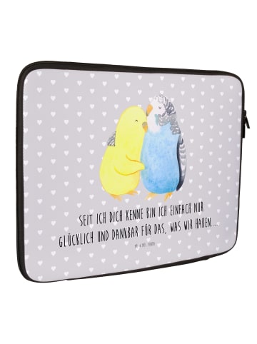 Mr. & Mrs. Panda Laptop Schutzhülle Wellensittich Liebe mit Spruch in Grau Pastell