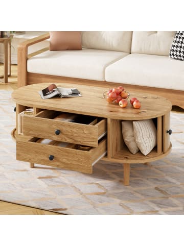 ABRIHOME Couchtisch in Holzfarbe oval mit Schiebetüren 2 Schubladen