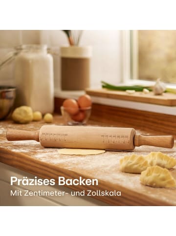 Praknu Nudelholz - Teigroller aus FSC® Buchenholz - Mit Maßeinteilung -