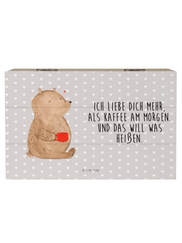 Mr. & Mrs. Panda Holzkiste Bär Morgenkaffee mit Spruch in Grau Pastell